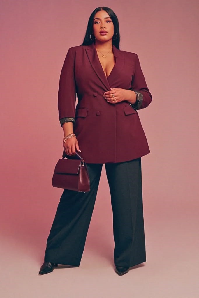 How to style an oversized blazer with a structured burgundy blazer and wide leg trousers