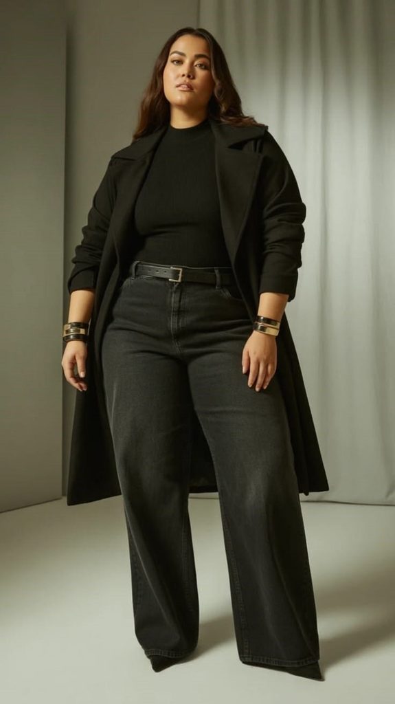 How to style black jeans with a black fitted top, long coat, and belt