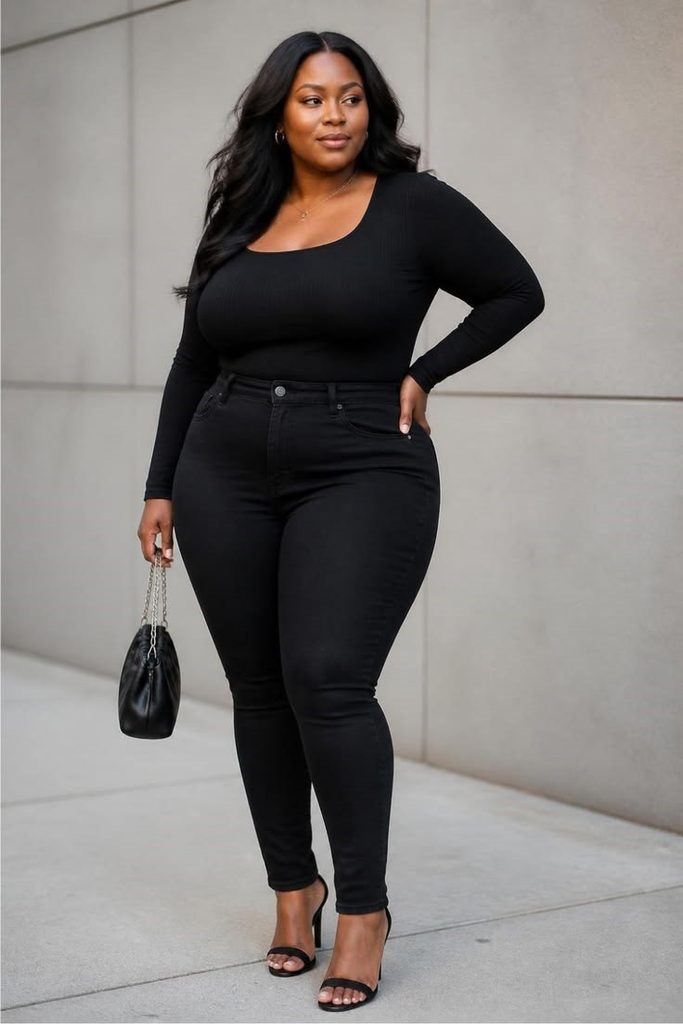 Plus size woman wearing black jeans with a fitted black long-sleeve top and black heels