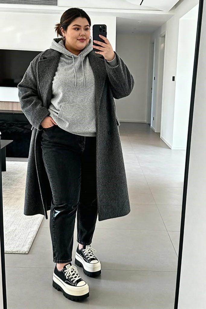 How to style black jeans with a gray hoodie, long gray coat, and chunky sneakers