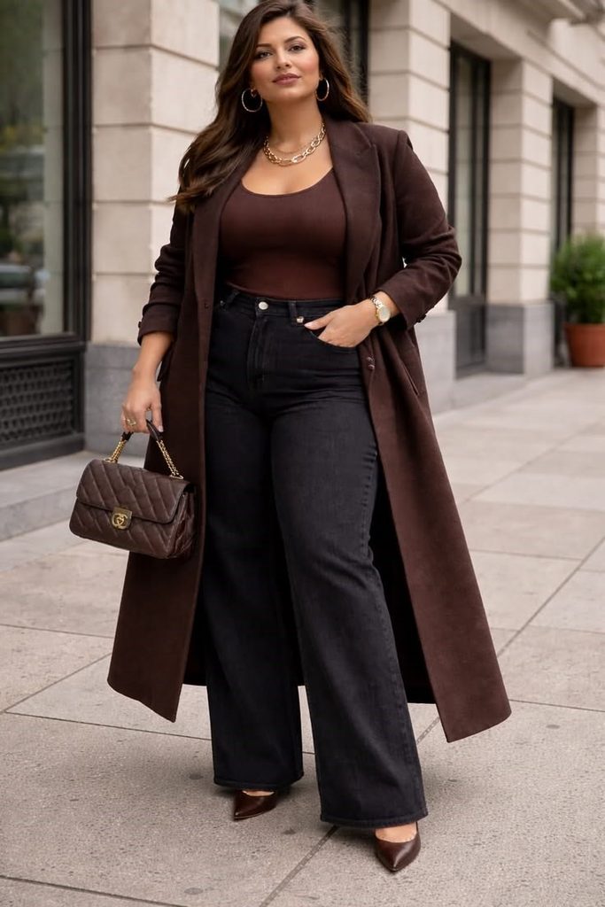How to style black jeans with a brown long coat, fitted top, heels, and structured handbag