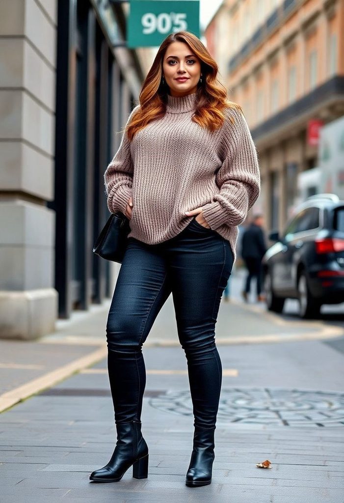 How to style black jeans with an oversized beige knit sweater and black ankle boots