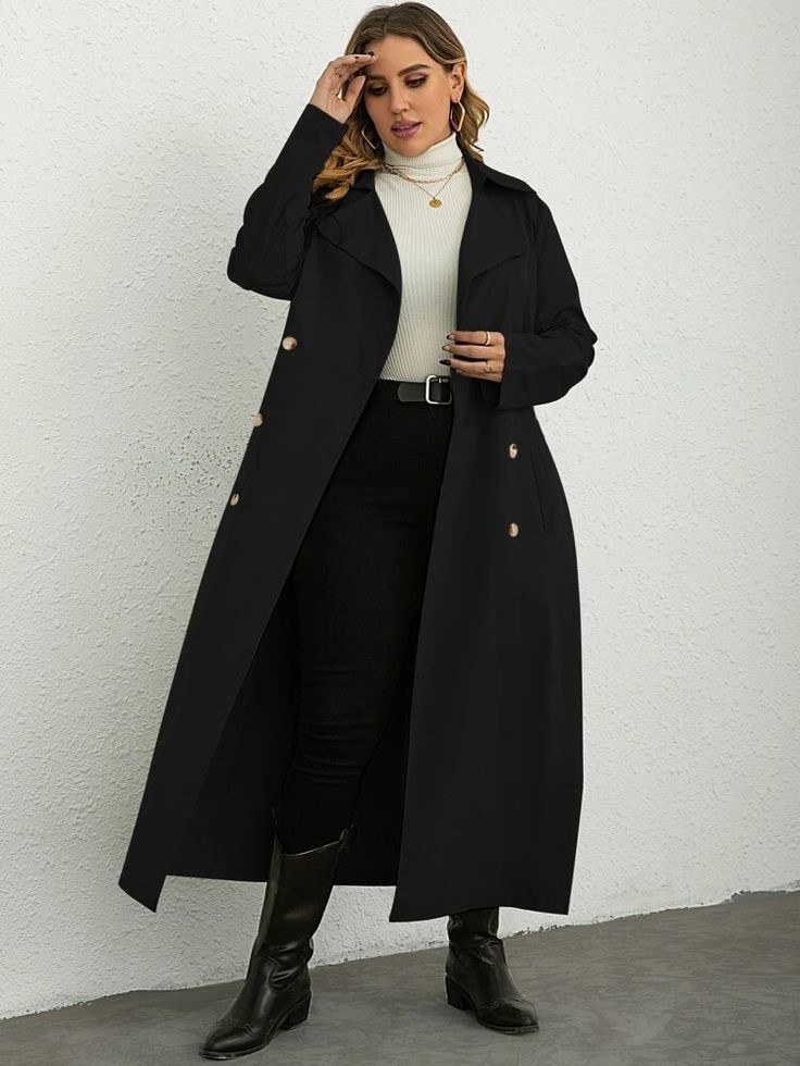 How to style black jeans with a cream turtleneck, black trench coat, belt, and ankle boots
