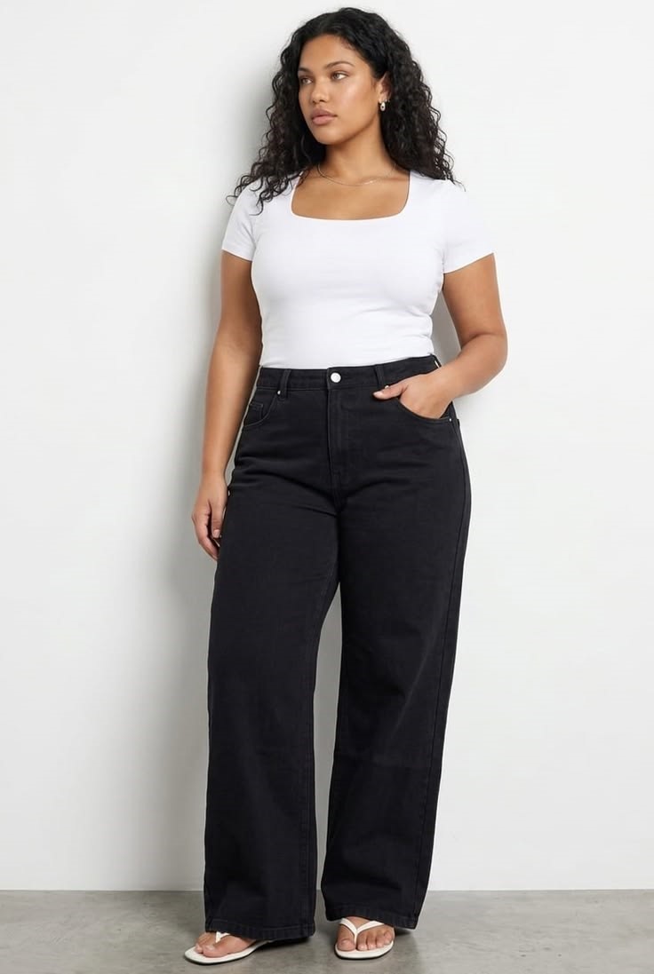 How to style black jeans with a white fitted T-shirt and flat sandals