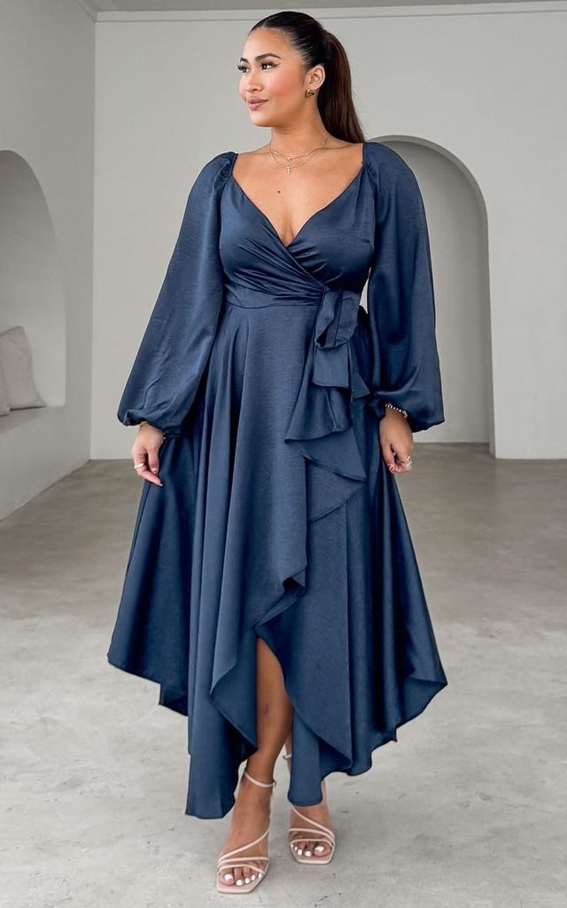 Navy blue wrap maxi dress for a wedding guest