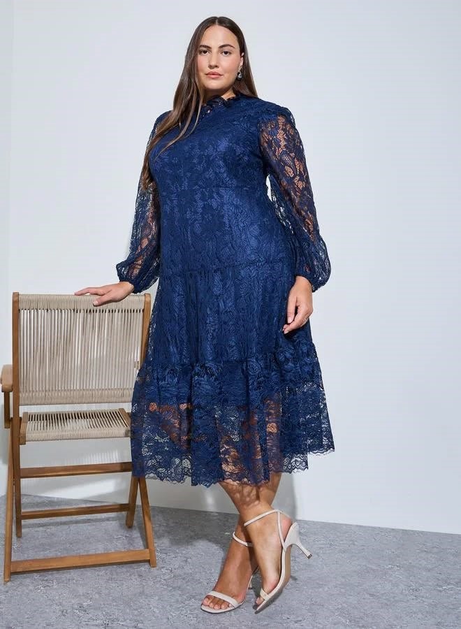 Navy lace midi dress for a wedding guest