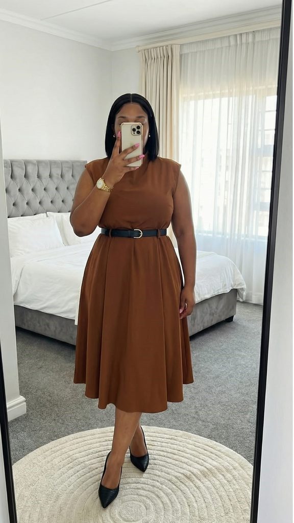 Curvy woman wearing a brown belted midi dress with pointed heels for old money style