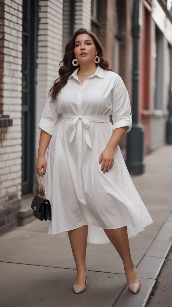 Curvy woman wearing a white button-down midi dress with a defined waist for old money style