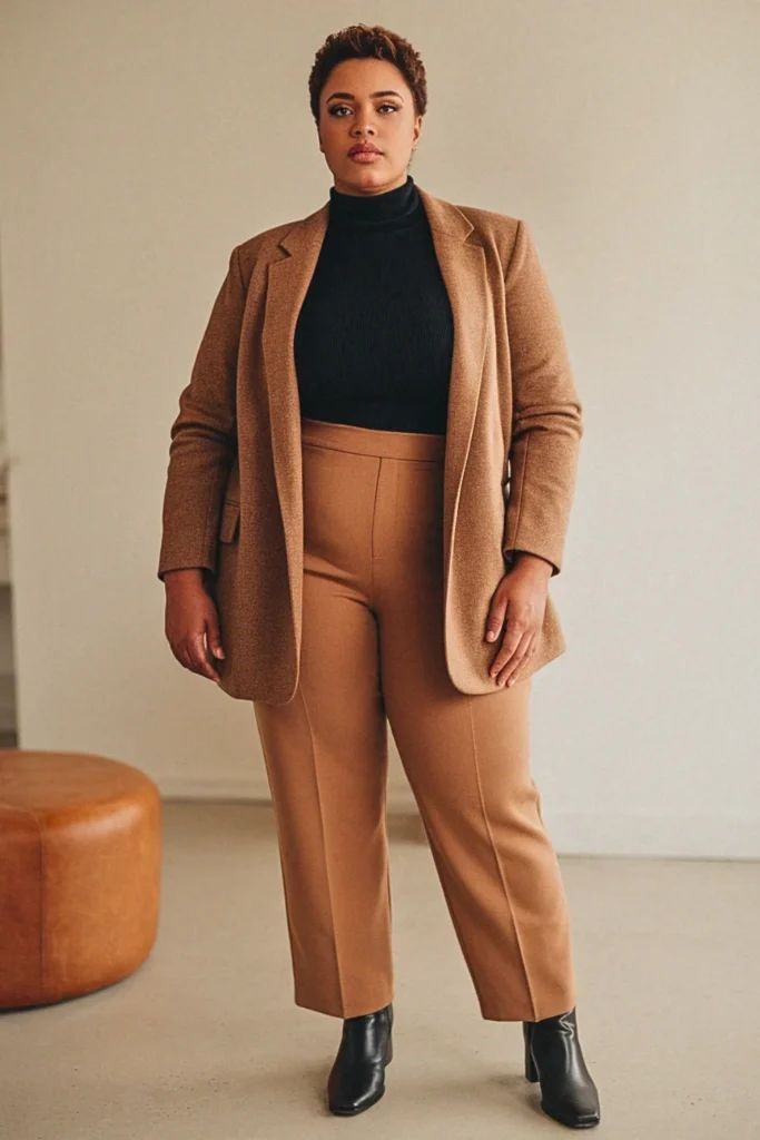 Curvy woman wearing a camel blazer with tailored trousers for old money style