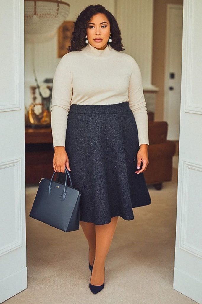 Curvy woman wearing a cream cashmere-style sweater with a dark midi skirt for old money style