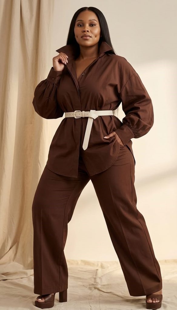 Curvy woman wearing a chocolate brown monochrome outfit with a belted shirt and trousers for old money style