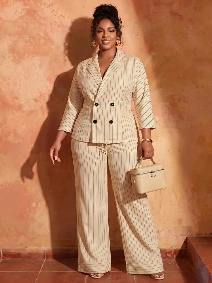 Curvy woman wearing a striped linen blazer with matching trousers for old money style