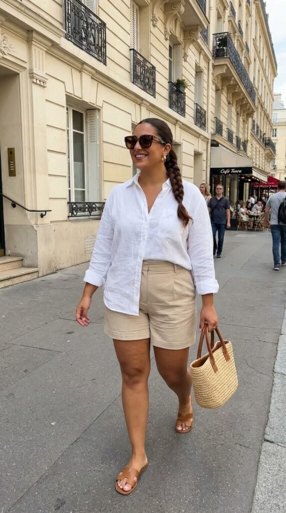 Curvy woman wearing a white linen shirt with beige tailored shorts for old money style