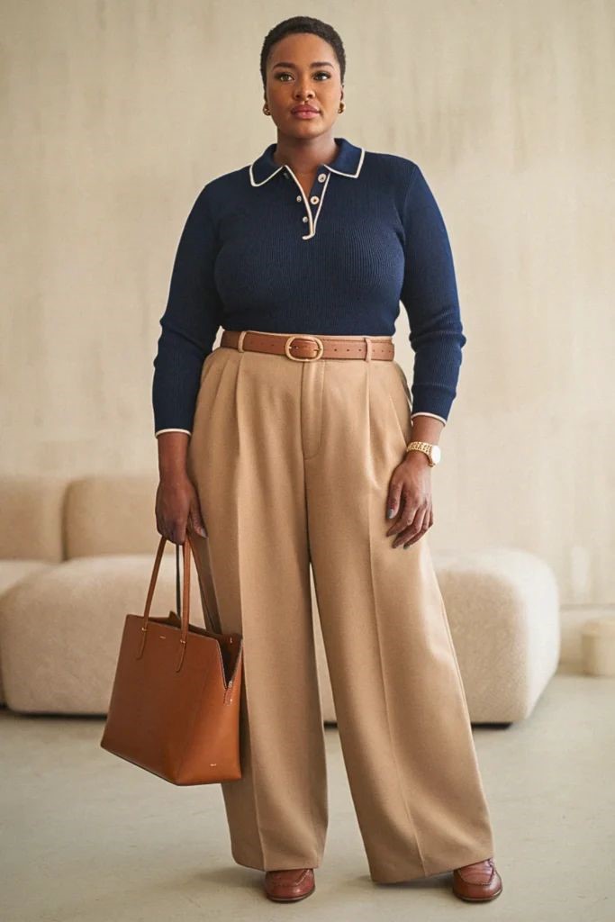 Curvy woman wearing a navy sweater with cream wide-leg trousers for old money style
