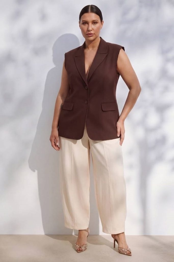Curvy woman wearing a brown tailored vest with cream wide-leg pants for old money style