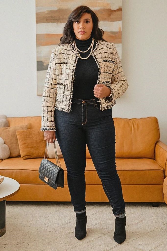 Curvy woman wearing a tweed jacket with dark denim jeans for old money style