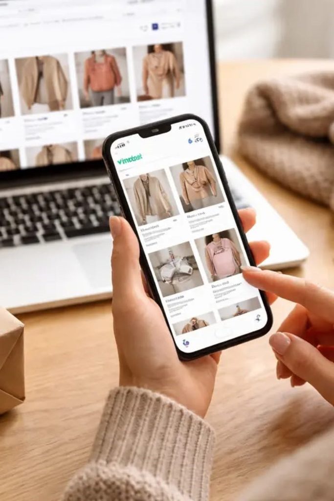 Woman browsing clothes online on a laptop and phone before making a purchase