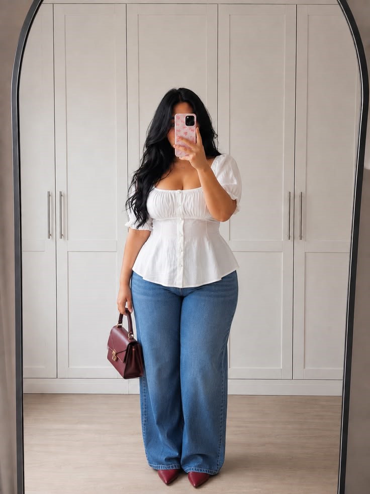 Plus size woman showing how an outfit looks in a mirror while avoiding online shopping mistakes plus size women make
