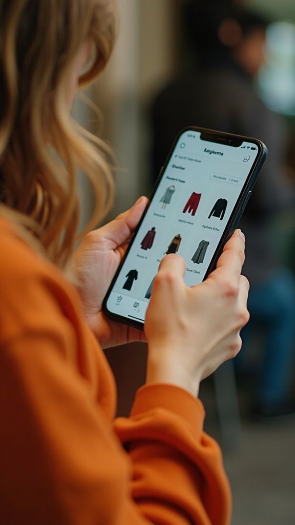 Woman browsing clothing brands on her phone while avoiding online shopping mistakes plus size women