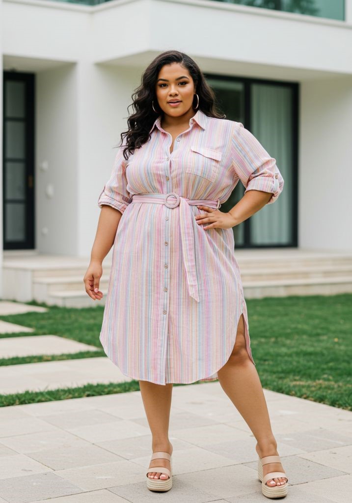 Plus size woman wearing a pastel shirt dress with a waist tie for a baby shower