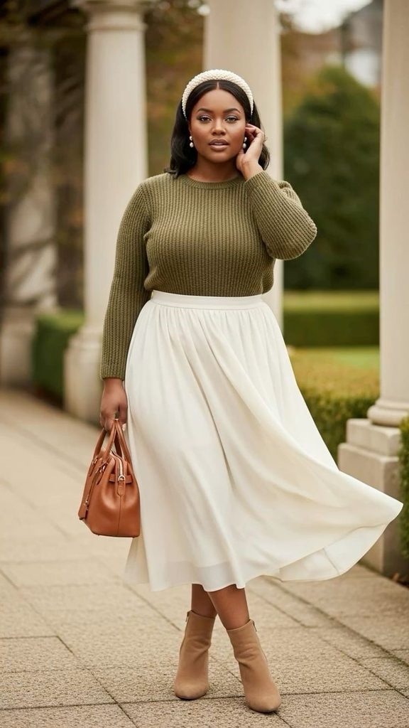 Plus size woman wearing a pretty blouse with a flowing midi skirt for a baby shower
