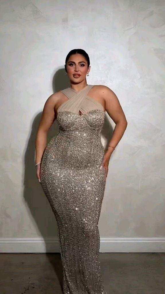 Red carpet looks for curvy women featuring a sparkling embellished gown with a defined waist