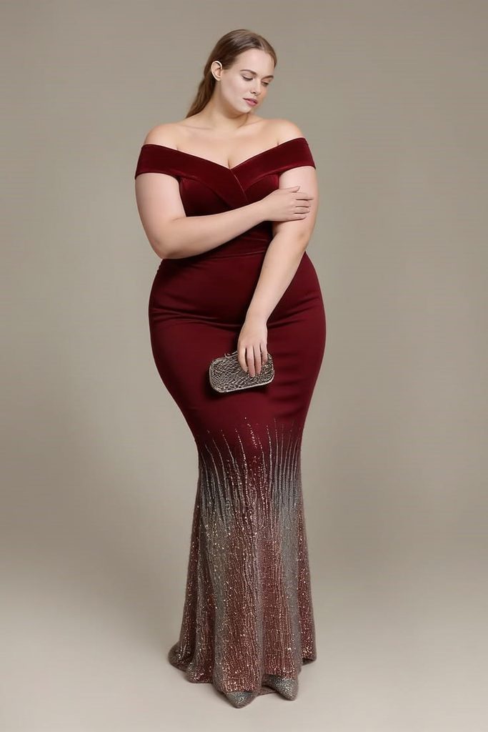 Red carpet looks for curvy women featuring an elegant off-shoulder mermaid gown
