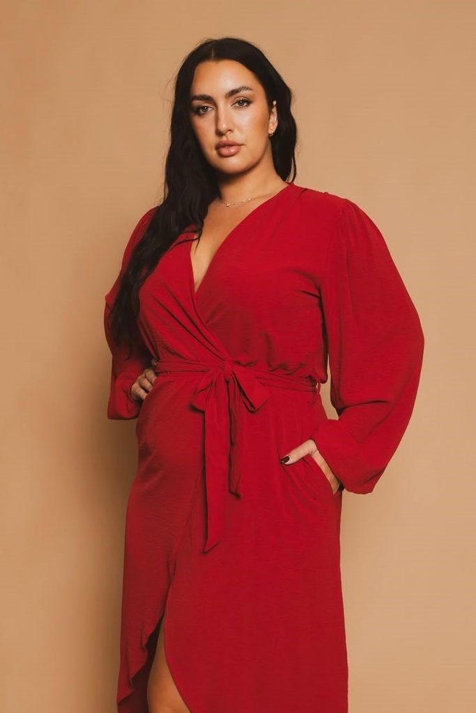Red wrap midi dress for a wedding guest
