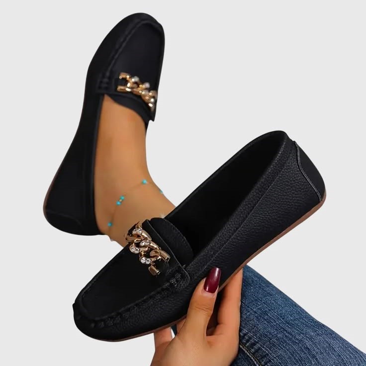 Shoes Every Plus Size Woman Should Own - classic black loafers with gold chain detail