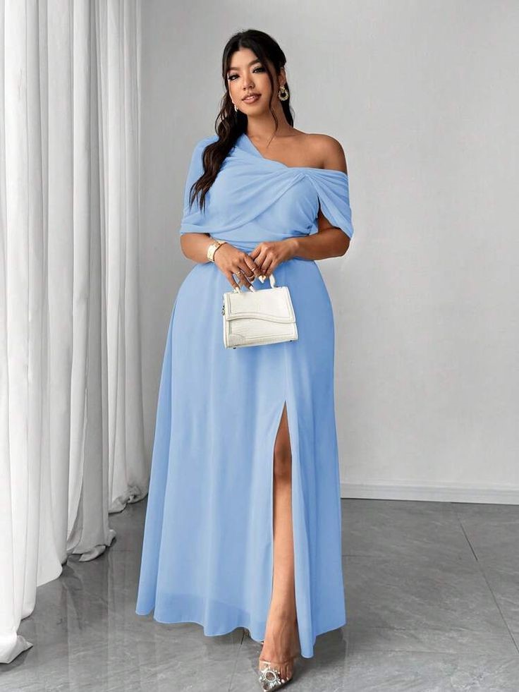 Soft blue chiffon maxi dress for a wedding guest
