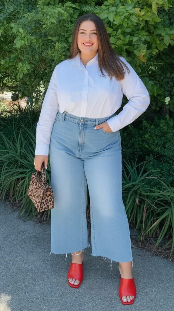 Plus-size woman in a white shirt and wide-leg jeans showing why you can stop waiting to lose weight before dressing well