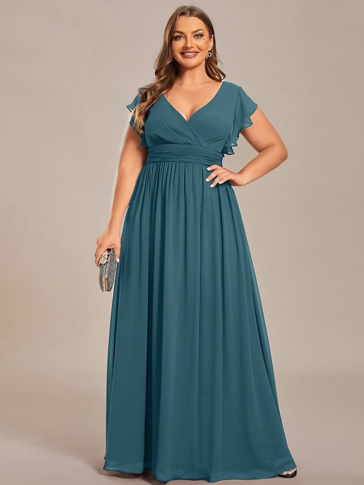 Teal blue chiffon maxi dress for a wedding guest