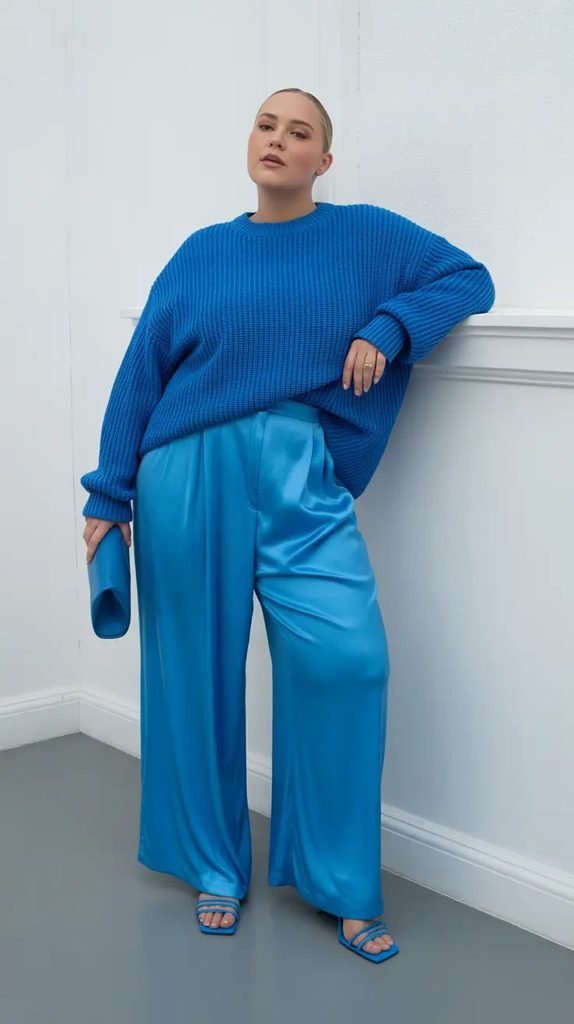 Why some clothes make you look bigger: plus size woman wearing a bright blue oversized sweater and wide-leg pants