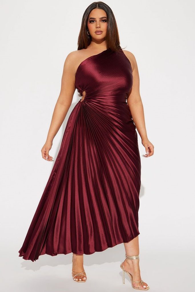 Wine-colored satin maxi dress for a wedding guest