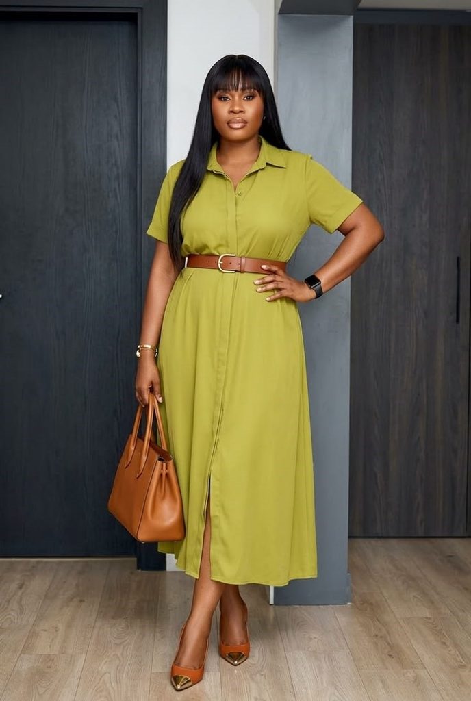 Business casual outfits for plus size women featuring a belted shirt dress styled for the office.