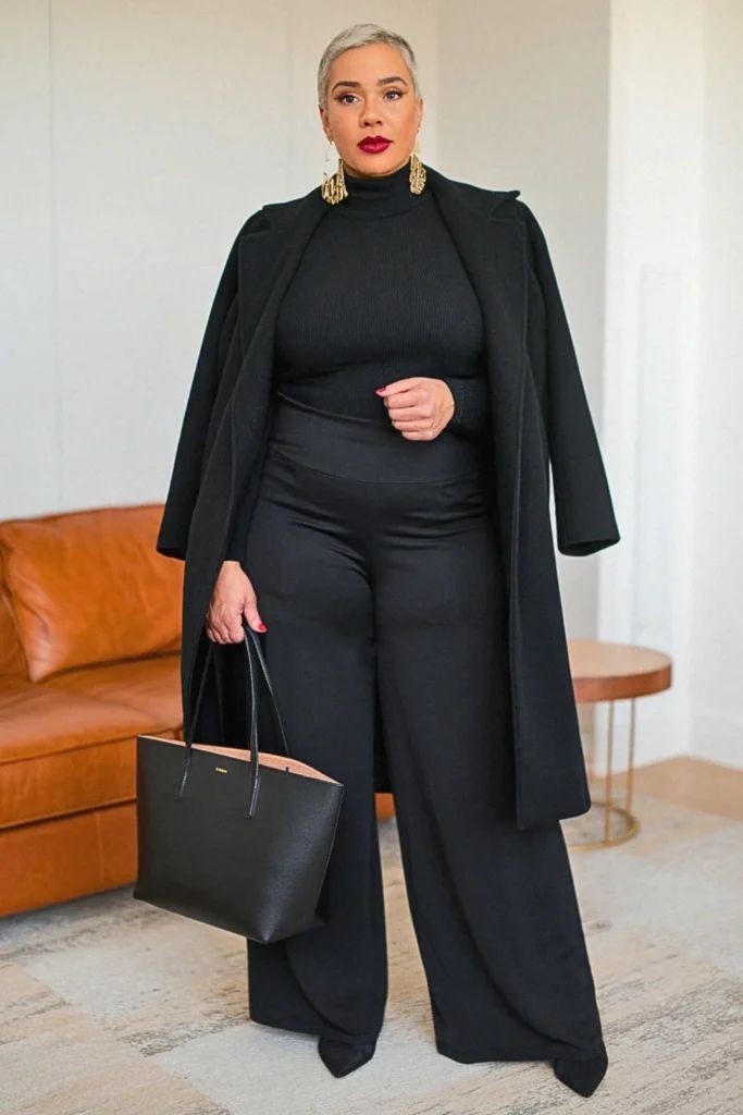 Plus size woman wearing an all-black outfit with a black turtleneck, wide-leg trousers, a long black coat, and a black handbag.