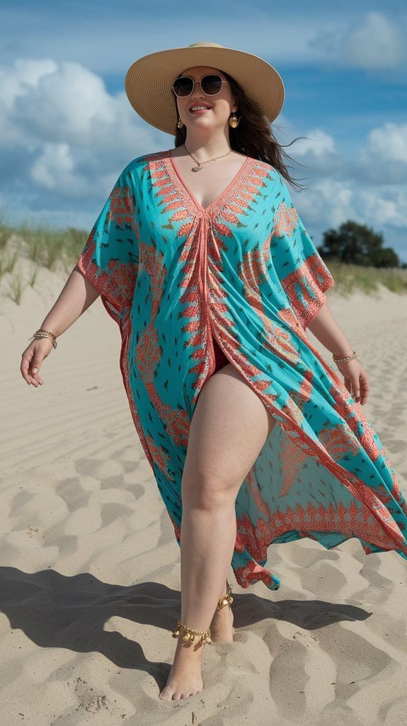 Beach Cover-Up Ideas You'll Wear All Vacation featuring a colorful printed kaftan-style cover-up