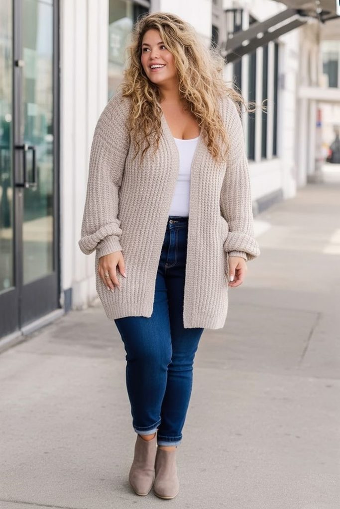 Plus size woman wearing a beige knit cardigan over a white tank top with blue jeans and taupe ankle boots.