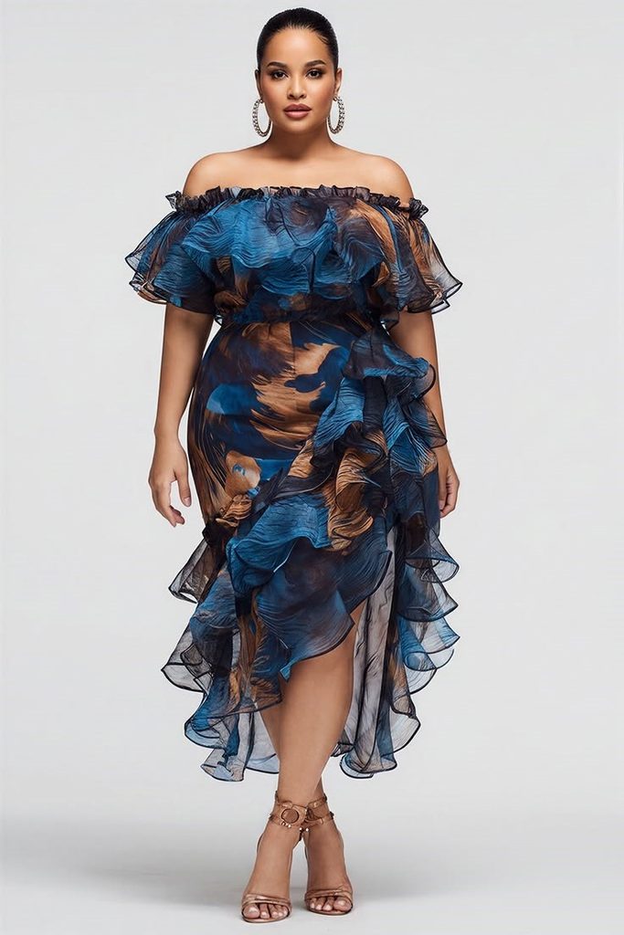 Birthday Dinner Outfit Ideas for Plus Size Women featuring a blue printed ruffled off-shoulder midi dress