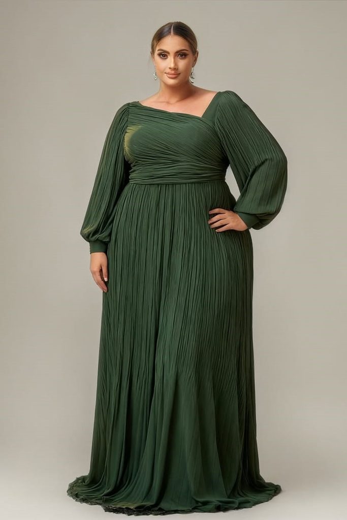 Birthday Dinner Outfit Ideas for Plus Size Women featuring a dark green dramatic-sleeve maxi dress with a gathered bodice