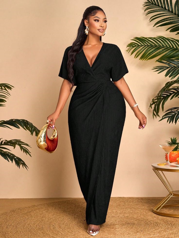 Birthday Dinner Outfit Ideas for Plus Size Women featuring an elegant black wrap dress with a deep V-neckline and ruched waist
