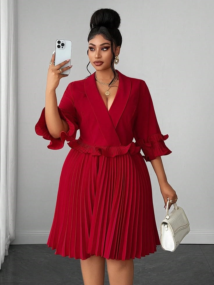 Birthday Dinner Outfit Ideas for Plus Size Women featuring an elegant red pleated midi dress with a wrap-style bodice