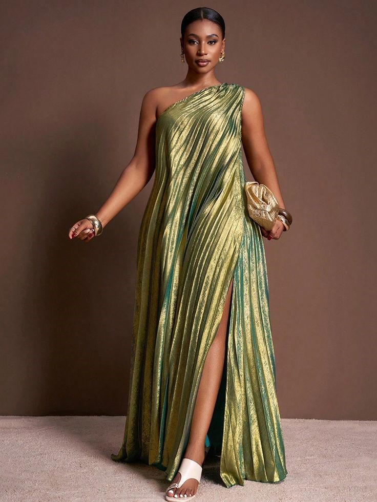 Birthday Dinner Outfit Ideas for Plus Size Women featuring a metallic sage-green pleated one-shoulder maxi dress