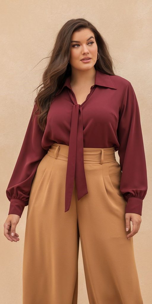 Business casual outfits for plus size women featuring a burgundy tie-neck blouse and camel wide-leg trousers.