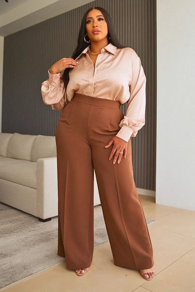 Business casual outfits for plus size women featuring a button-down shirt tucked into high-waisted tailored pants.