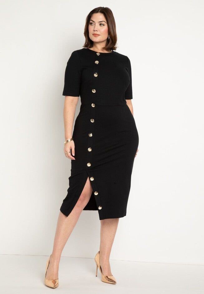 Business casual outfits for plus size women featuring a button-front midi dress