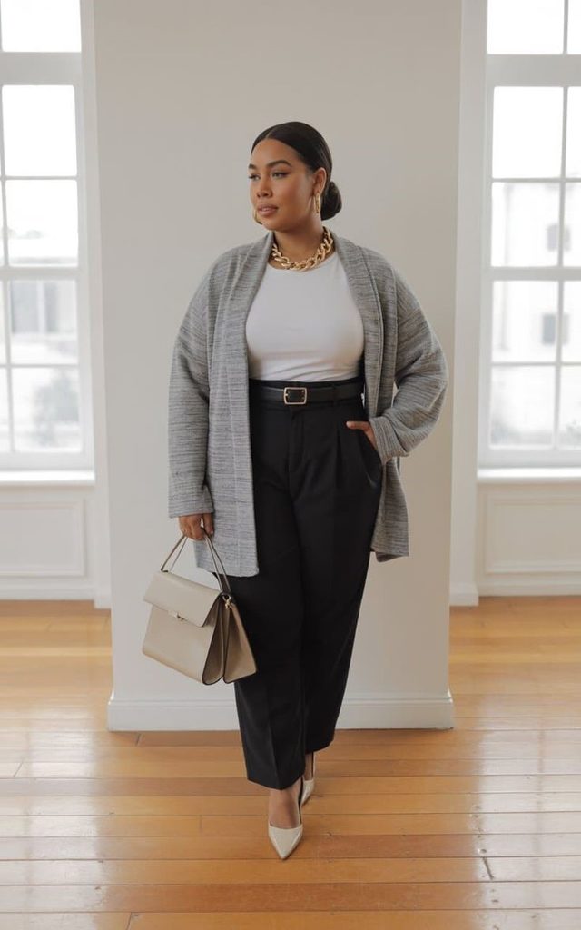 Business casual outfits for plus size women featuring a soft cardigan layered over a top with tailored trousers.