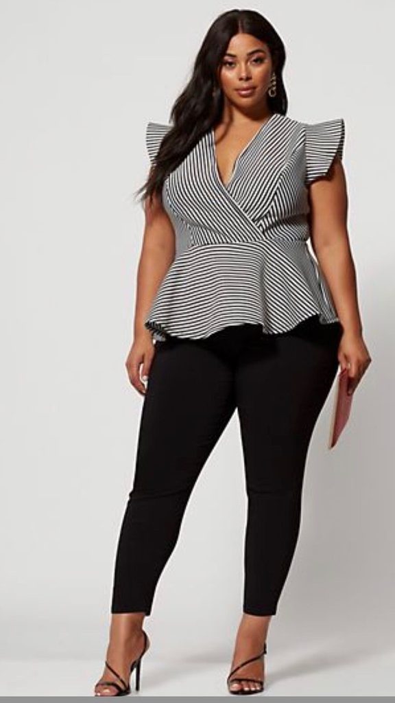 Business casual outfits for plus size women featuring a black-and-white striped peplum top, black tailored pants, and strappy black heels