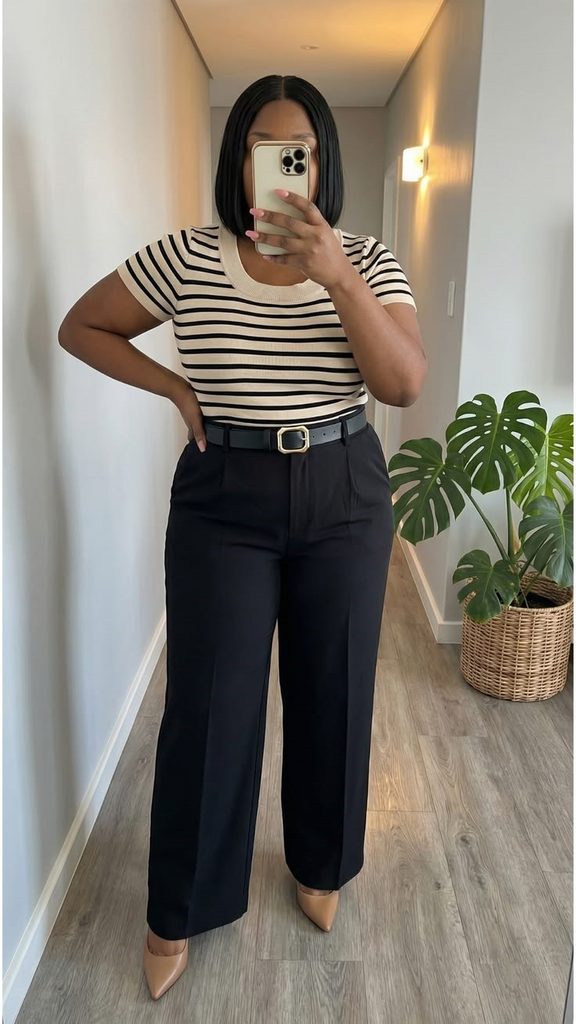 Business casual outfits for plus size women featuring a striped short-sleeve top and black wide-leg trousers.