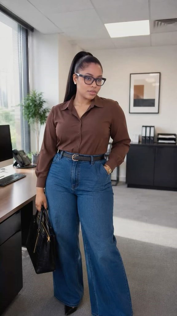 Business casual outfits for plus size women featuring dark wide-leg jeans and a tucked-in blouse.